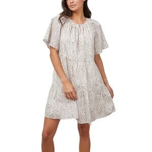 Rails Clarissa Dress Womens L Cream Watercolor Cheetah Tiered Babydoll Boho Chic